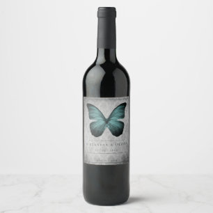 Teal Vintage Butterfly Damask Wedding Wine Label