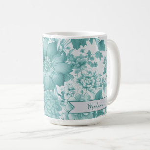 Teal Vintage Chinoiserie Floral Personalized Coffee Mug