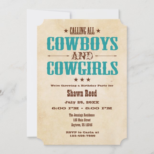 Teal Vintage Cowboy Birthday Invitation (Front)