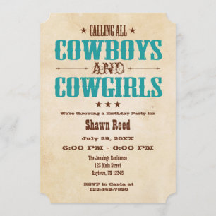 Teal Vintage Cowboy Birthday Invitation