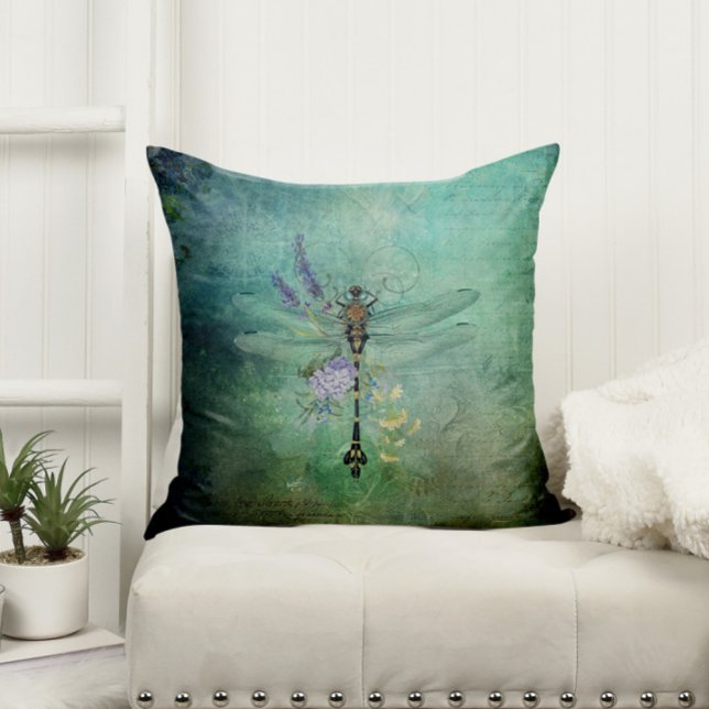Teal Vintage Dragonfly and Flowers Cushion (Creator Uploaded)