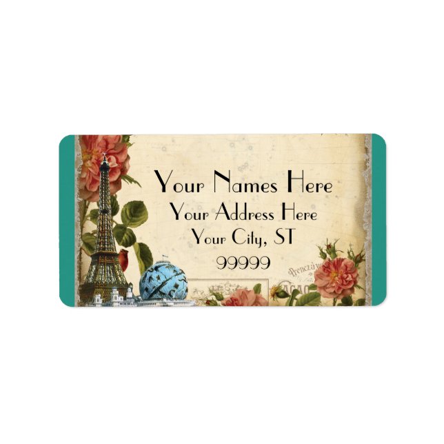 Teal Vintage Eiffel Tower Rose Matching Address Label (Front)
