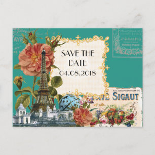 Teal Vintage Eiffel Tower Rose Save the Date Card
