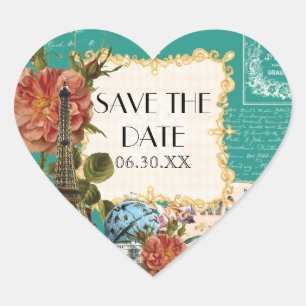 Teal Vintage Eiffel Tower Rose Save the Date Seal