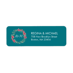 Teal Vintage Flower Wreath Monogram Address Label Return Address Label