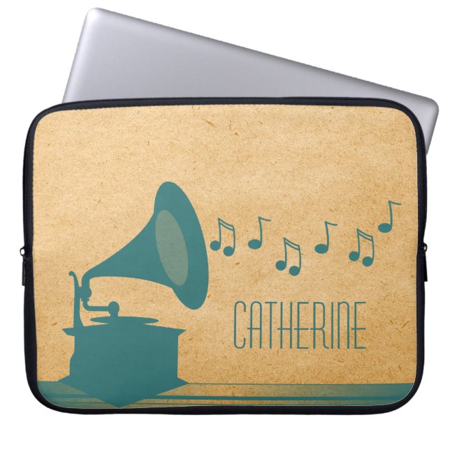 Teal Vintage Gramophone Laptop Sleeve (Front)