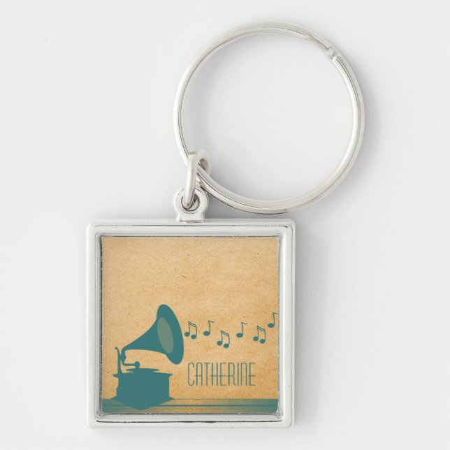 Teal Vintage Gramophone Premium Keychain (Front)