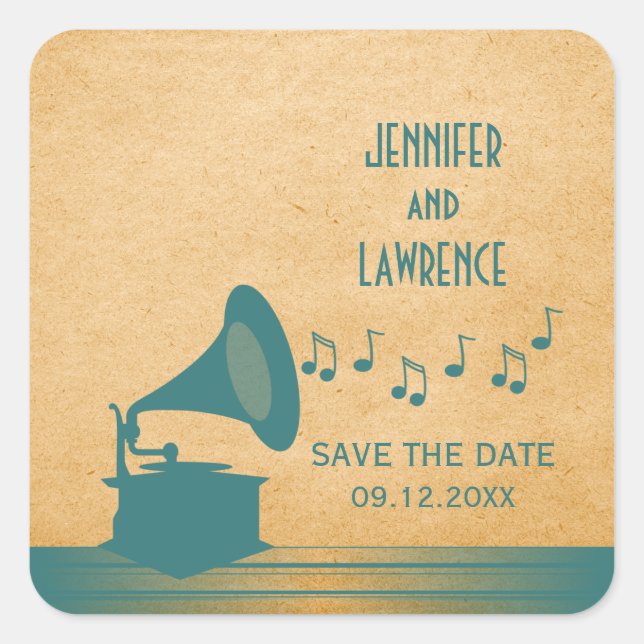 Teal Vintage Gramophone Save the Date Stickers (Front)