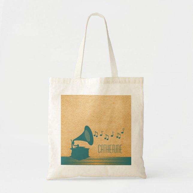 Teal Vintage Gramophone Tote Bag (Front)