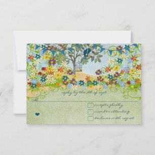 Teal Vintage Love Bird Flower Swirl Wedding RSVP Card