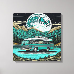 Teal Vintage RV Camper in the Mountains Retro Canvas Print