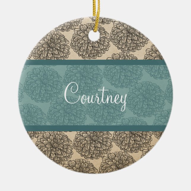 Teal Vintage Zinnia Ornament (Front)