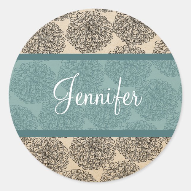 Teal Vintage Zinnia Stickers (Front)