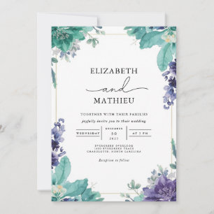 Teal & Violet Bloom Border Wedding Invitation