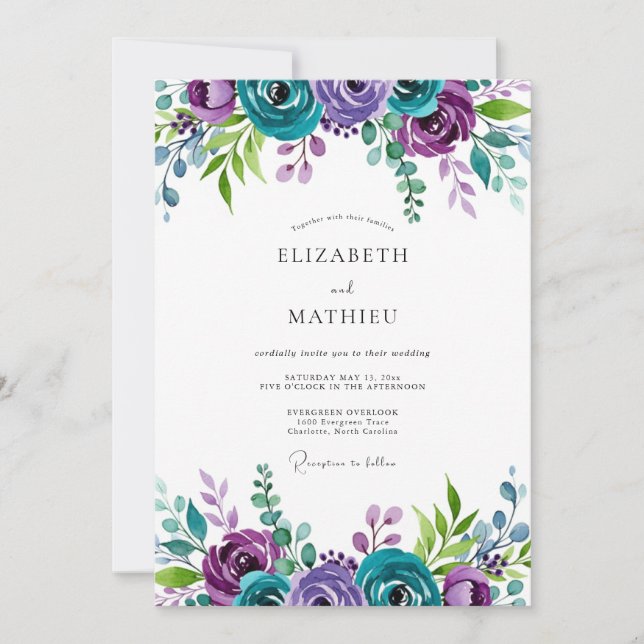 Teal Violet Majestic Botanical Wedding Invitation (Front)