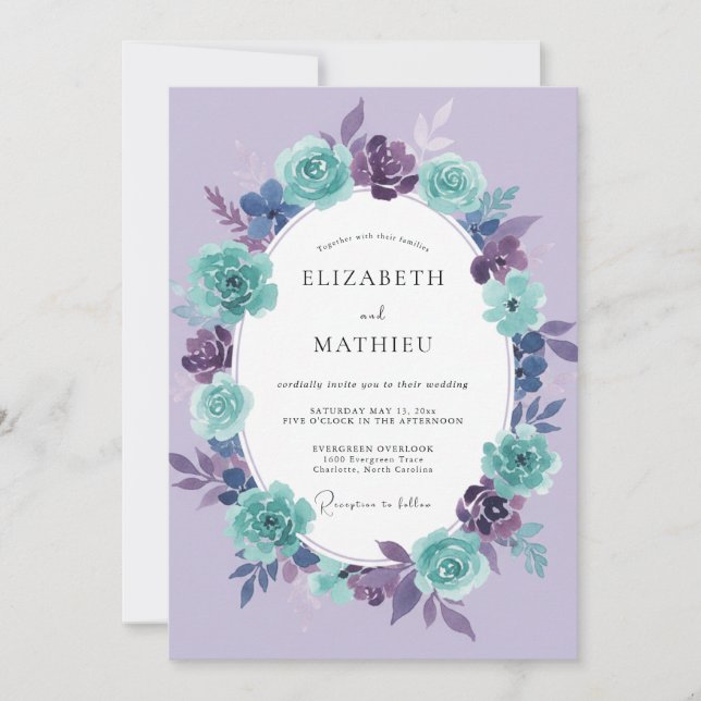 Teal Violet Painted Wedding Invitation (Front)