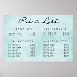 Teal Wall Service Price Menu Custom Printed Poster