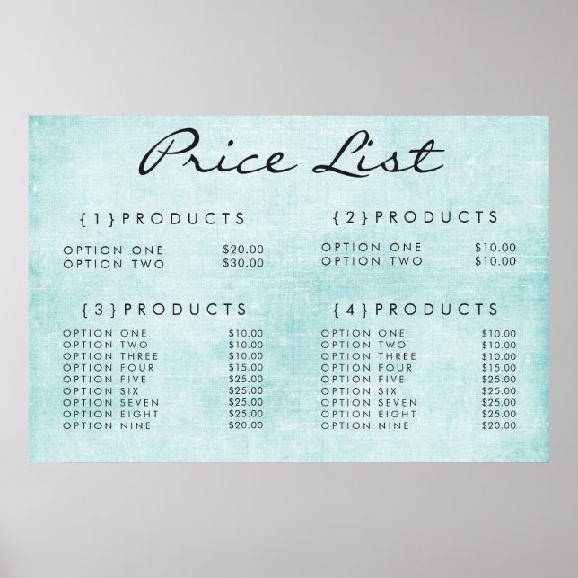 Teal Wall Service Price Menu Custom Printed Poster (Front)