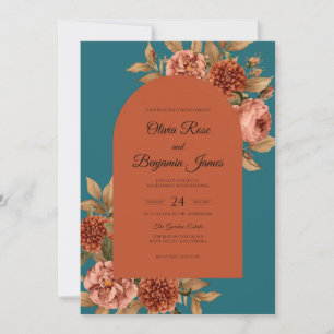 Teal Warm Terracotta Dahlia Wedding Invitation