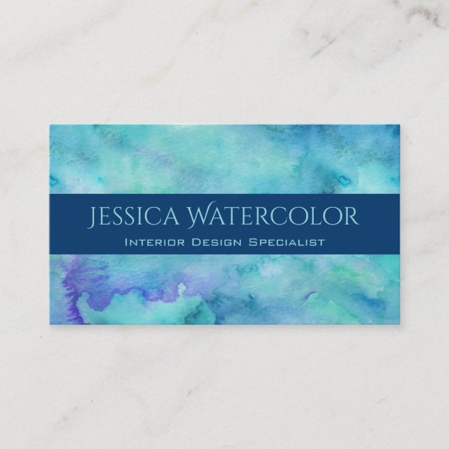 Teal Watercolor Background with Blue Banner Stripe Business Card (Front)