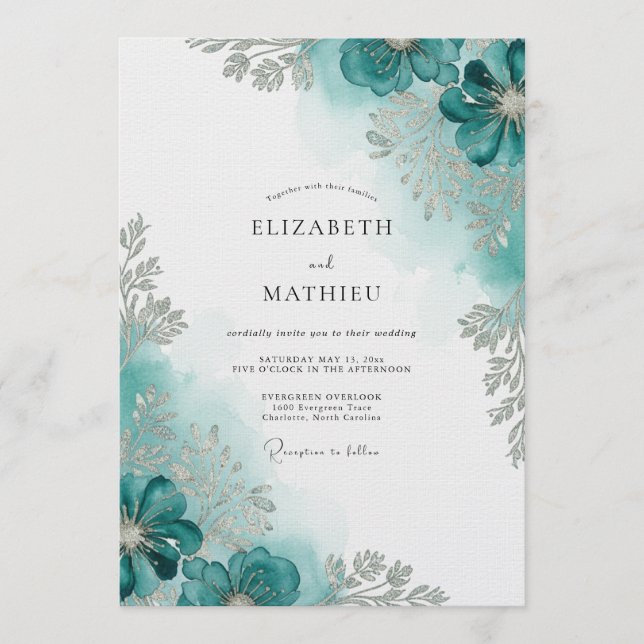 Teal Watercolor Bloom Wedding Invitation (Front)