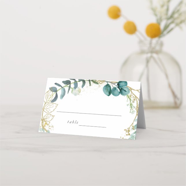 Teal Watercolor Botanical Greenery Wedding Place Card (Front)