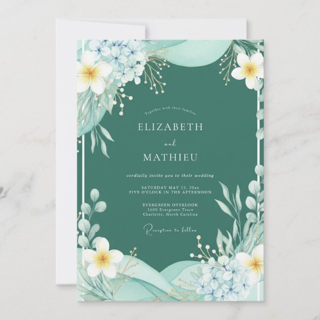 Teal Watercolor Botanical Wedding Invitation (Front)