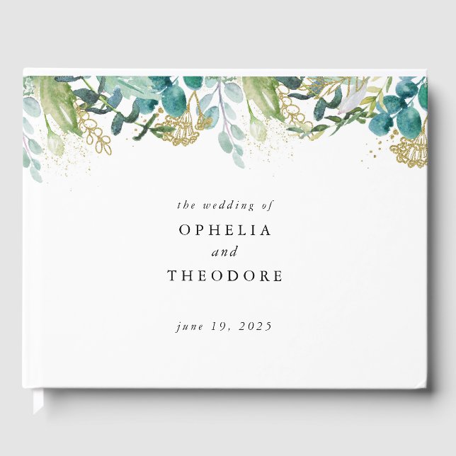 Teal Watercolor Botanical Wedding Monogram Guest Book (Front)