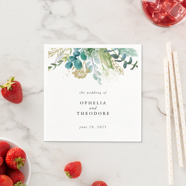 Teal Watercolor Botanical Wedding Monogram Napkin (Insitu)