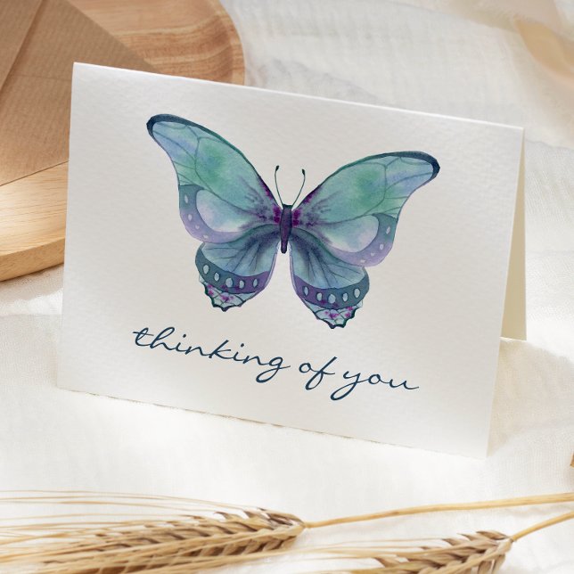 Teal Watercolor Butterfly Thinking of You Sympathy Card (Creator Uploaded)