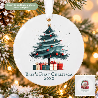 Teal Watercolor Christmas Tree Baby's 1st Photo Ornament
