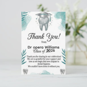 Teal Watercolor Dental Hygiene Graduation Thank Yo You Card