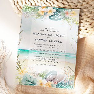 Teal Watercolor Floral Beach Wedding Invitation