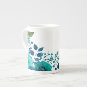 Teal Watercolor Floral Botanical Bone China Mug -