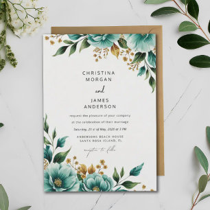 Teal Watercolor Floral Botanical Spring Wedding Invitation