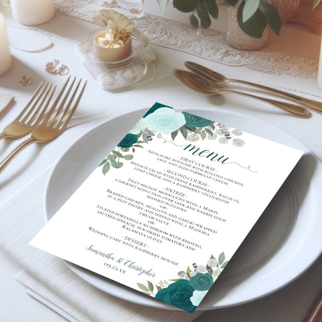Teal Watercolor Floral Elegant Boho Wedding Menu (Creator Uploaded)