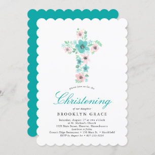 Teal Watercolor Flower Cross Baptism Invitation