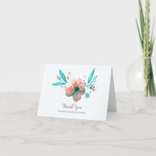 teal watercolor flower wedding thank you card