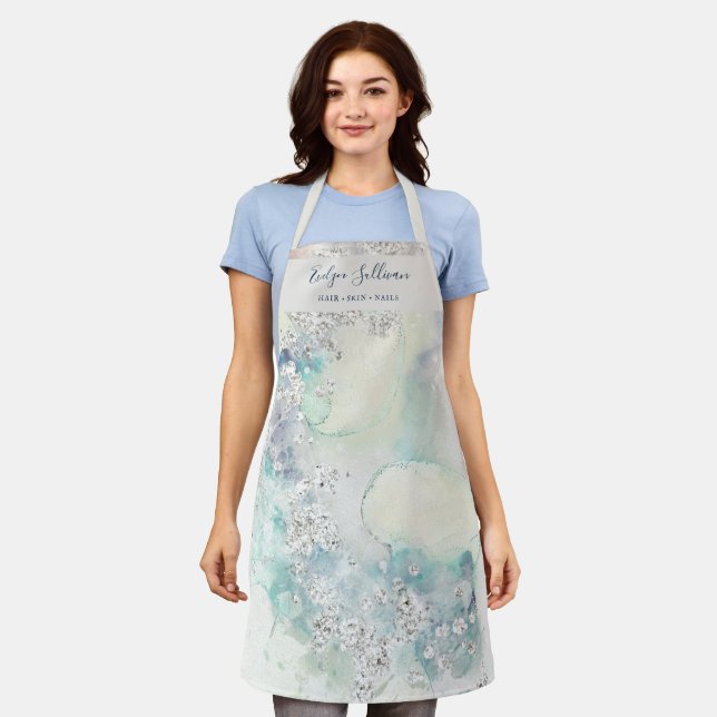 Teal watercolor glitter beauty professional apron (Worn)