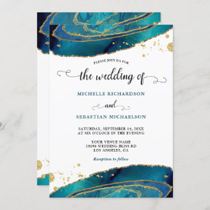 Teal Watercolor Gold Agate Wedding Invitation