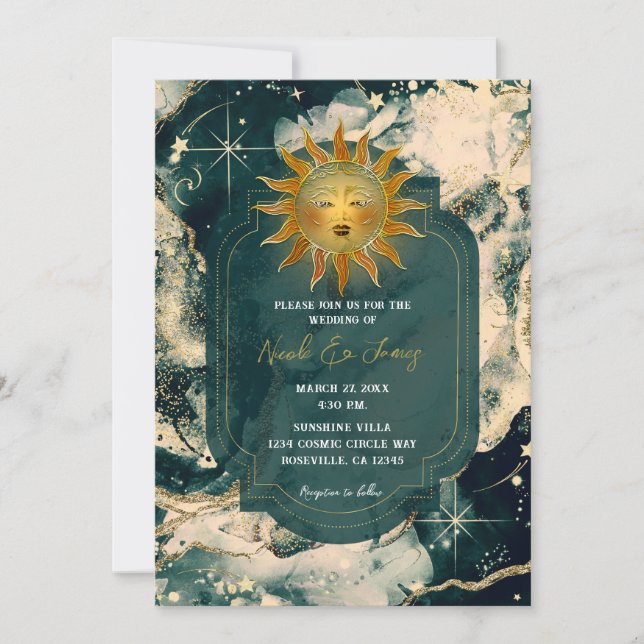Teal Watercolor Gold Celestial Fiery Sun Wedding Invitation (Front)