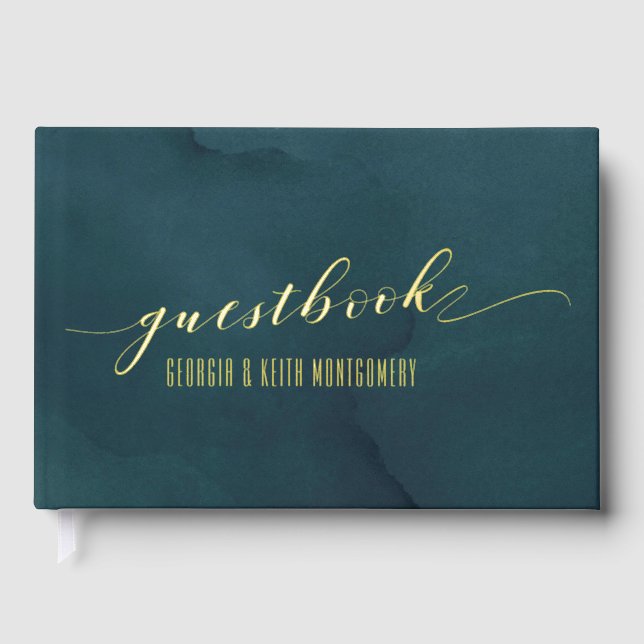 Teal Watercolor Gold Script Elegant Wedding  Guest Book (Front)