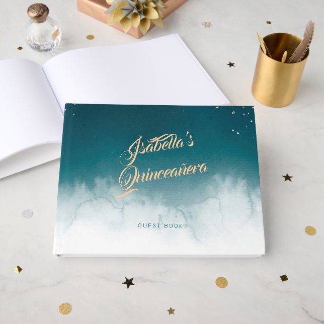 Teal Watercolor Golden Splatter Quinceañera Party  Guest Book (Front Open)