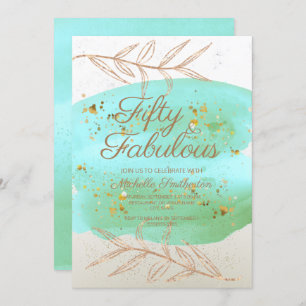 Teal Watercolor Ivory and Gold Dust 50th Birthday Invitation