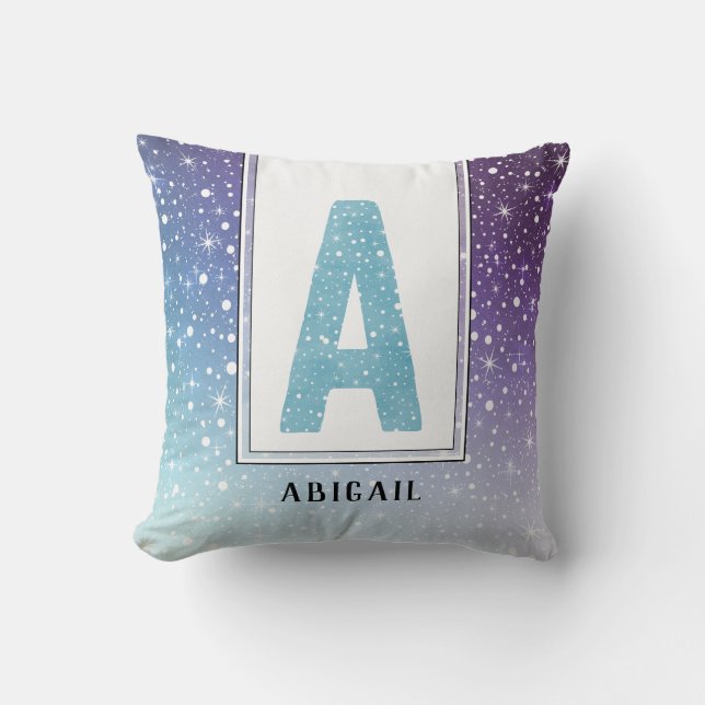Teal Watercolor Monogram Galaxy Purple Snowflakes Cushion (Front)