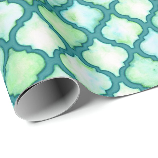Teal Watercolor Moroccan Quatrefoil Gift Wrap (Roll Corner)
