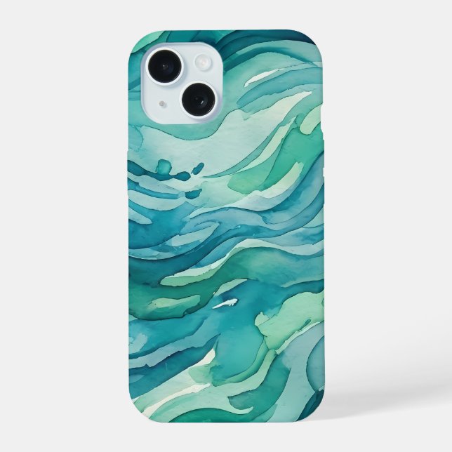 Teal Watercolor Ocean Waves iPhone 15 Case (Back)