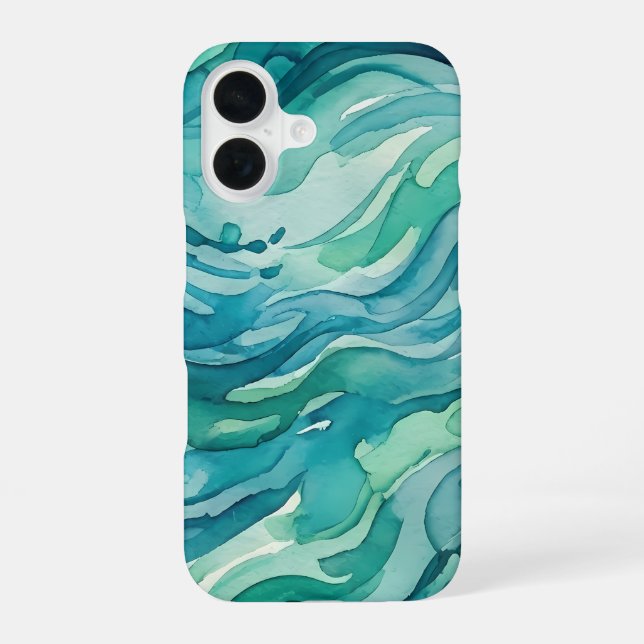 Teal Watercolor Ocean Waves iPhone 16 Case (Back)