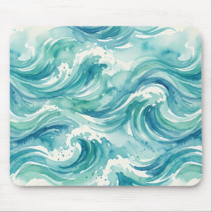 Teal Watercolor Ocean Waves Mouse Pad