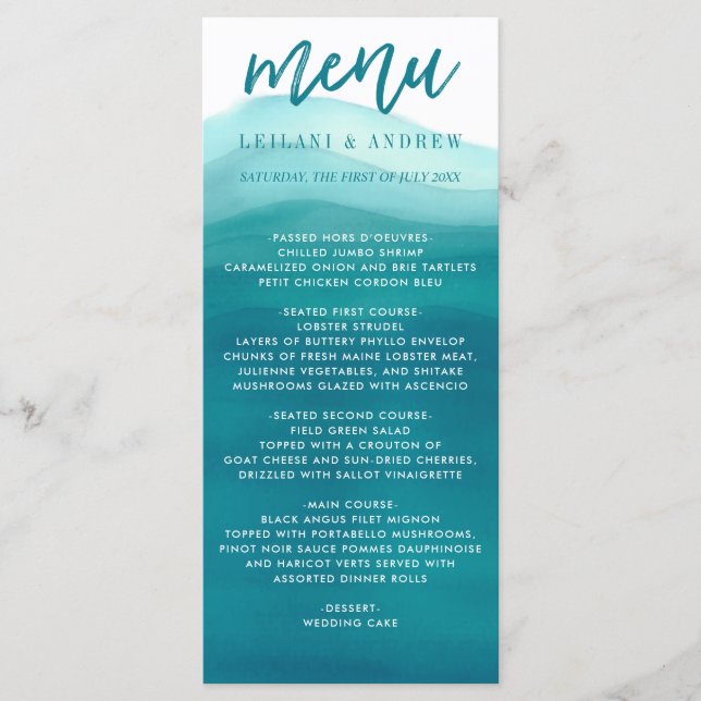 Teal Watercolor Ombre Wave Wedding Menu (Front)